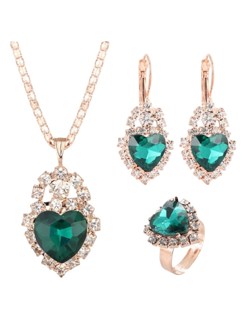 Emerald Heart Crystal Pendant Necklace, Earrings & Ring Set - Green